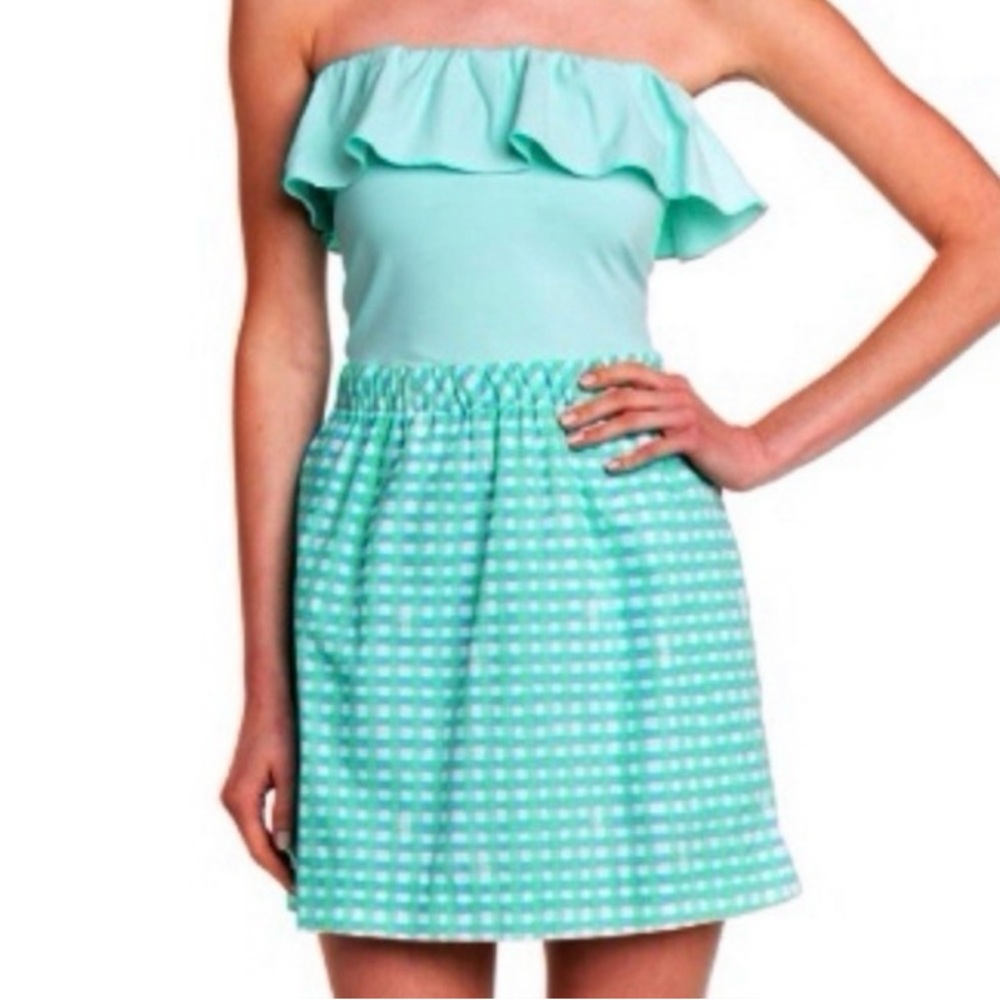 Lilly Pulitzer Athens Mini Dress Glenda Green Painterly Gingham Blue Check Sz L